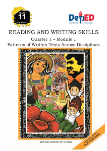 Grade 11 Reading & Writing Skills Module: Text Patterns Across Disciplines