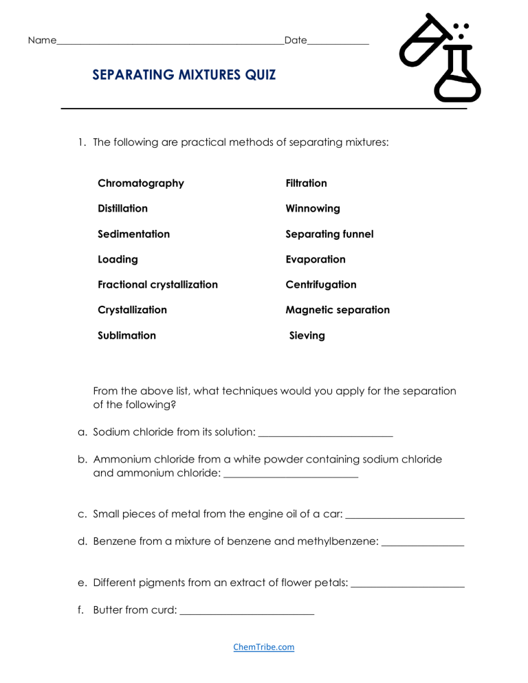 Separating Mixtures Quiz: Chemistry Separation Techniques