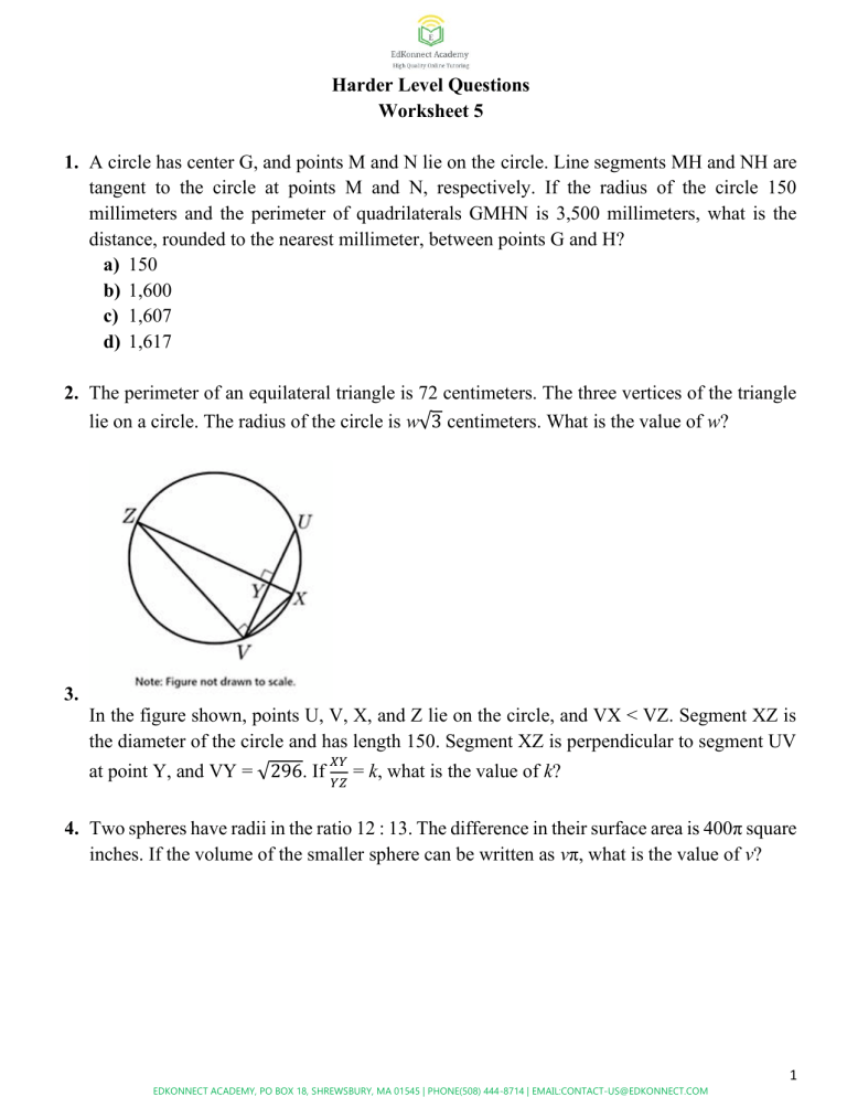 Geometry Level Problems Harder Geometry Problems: Worksheet 5 for High School