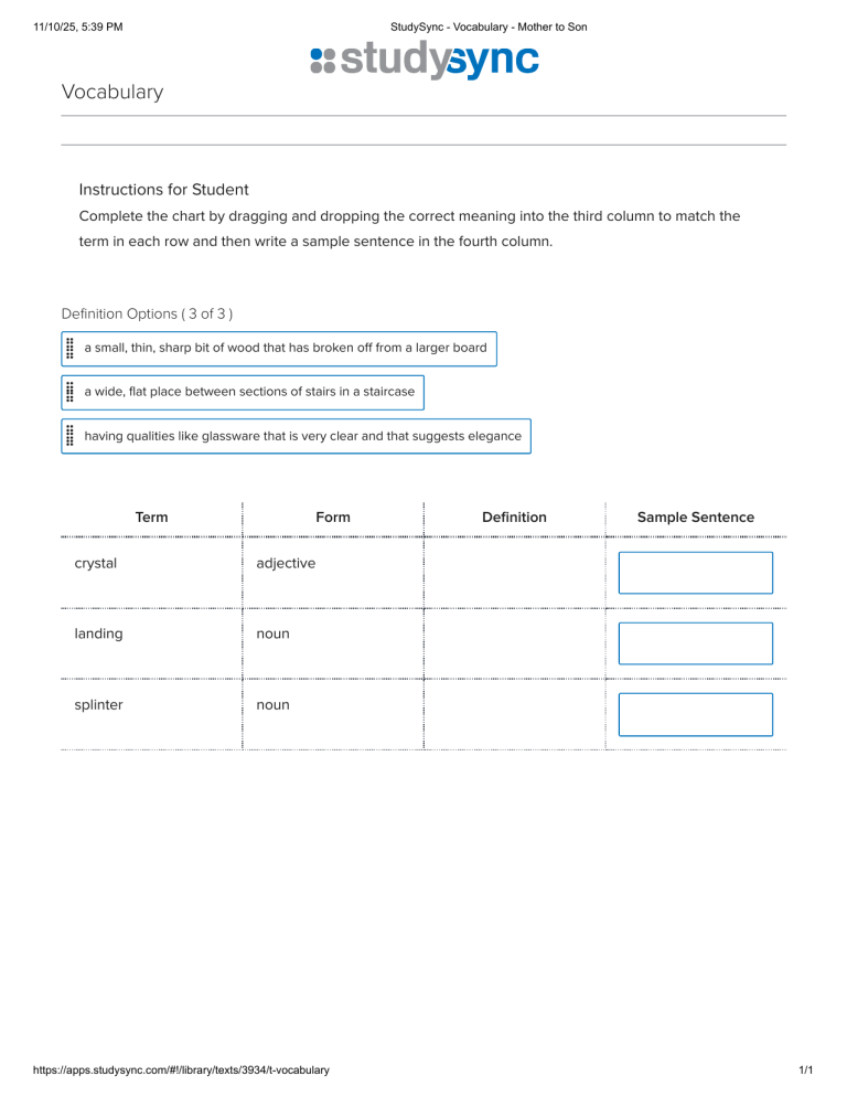 StudySync Vocabulary Worksheet: Mother to Son
