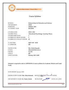 EDUC 1301 Course Syllabus: Educational Psychology Learning Theory