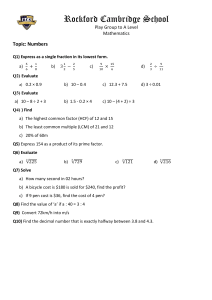 Math Worksheet: Numbers & Algebraic Expressions