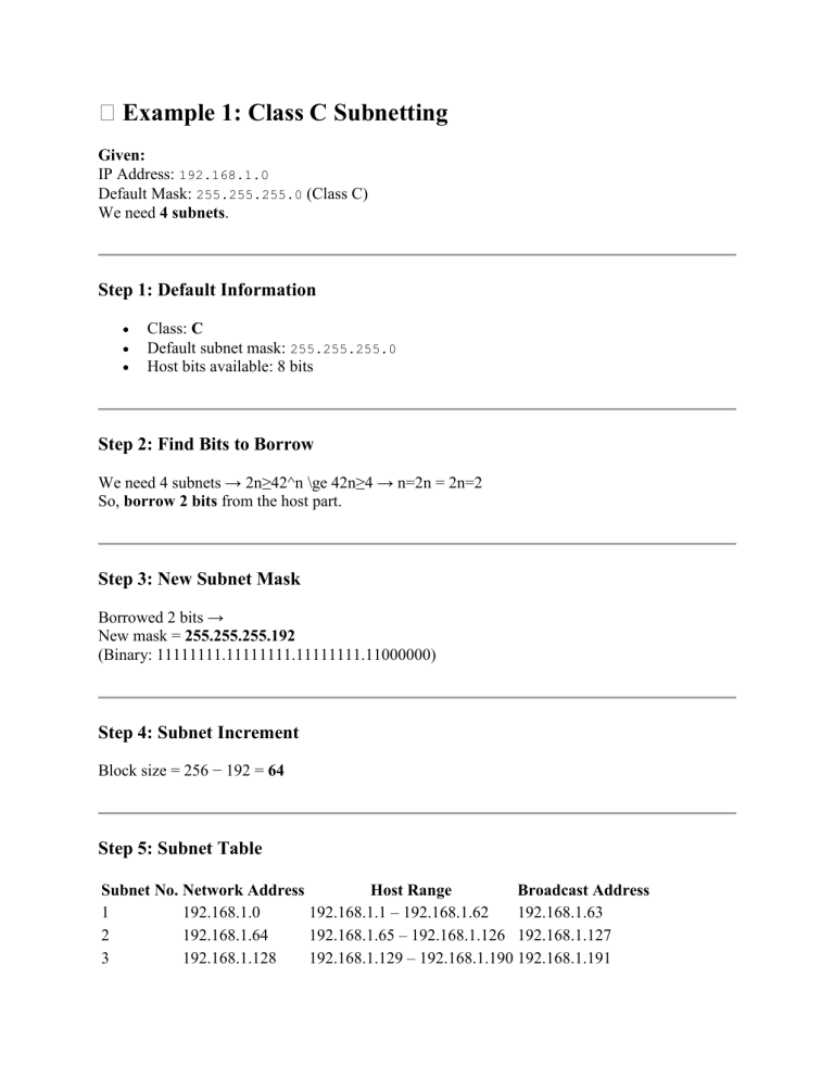 Subnet Information Example Subnetting Examples: Class A, B, C Networks