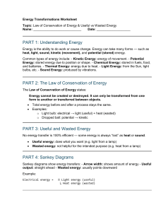 Energy Transformations Worksheet: Conservation, Useful & Wasted Energy