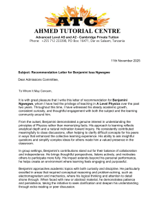 Recommendation Letter for Benjamini Ngwegwe - A Level Physics Student