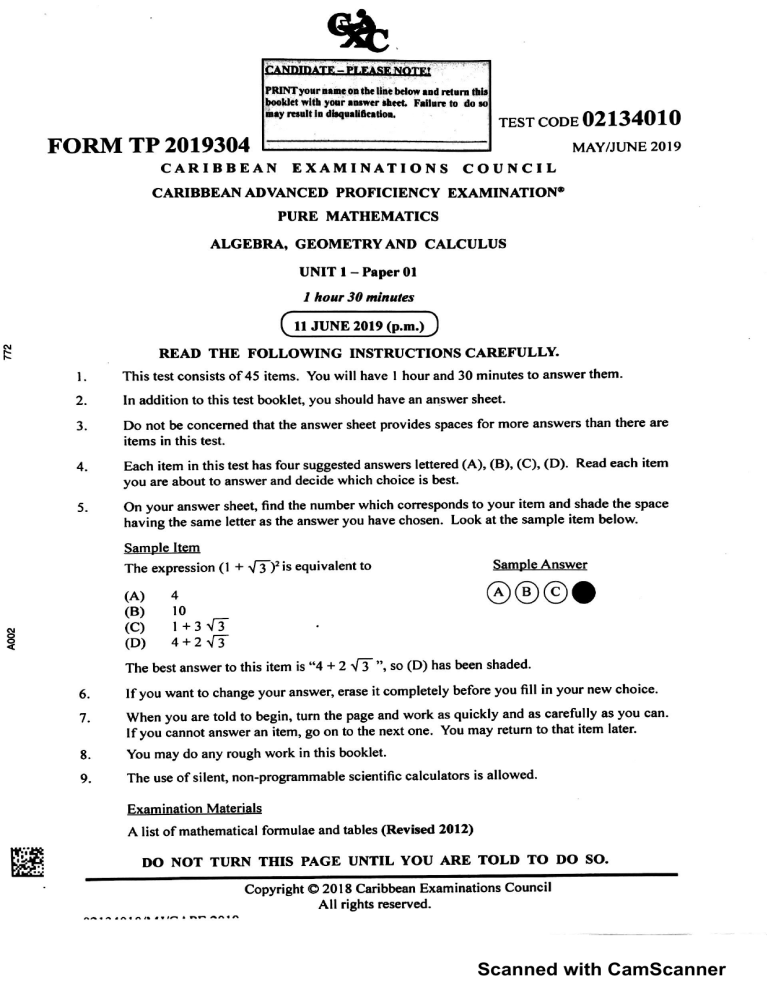CAPE Pure Mathematics Exam Paper - Unit 1