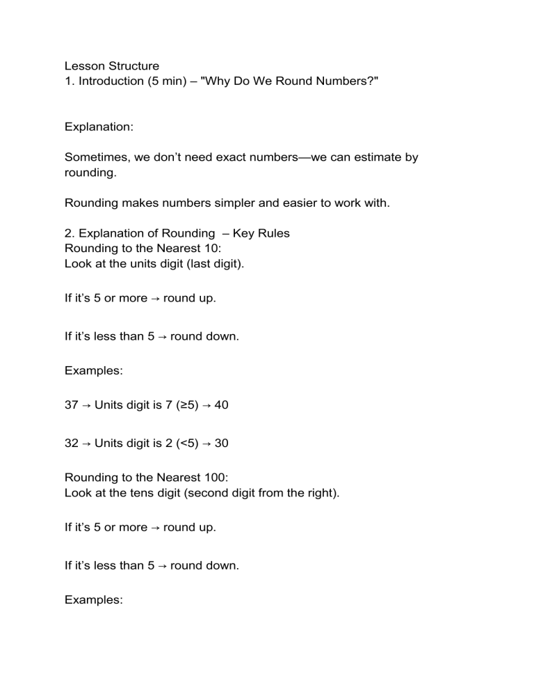 Rounding Numbers Lesson Plan for Elementary School