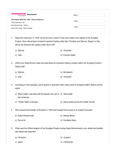 African Empires History Worksheet: Songhai, Ghana, Mali Quiz