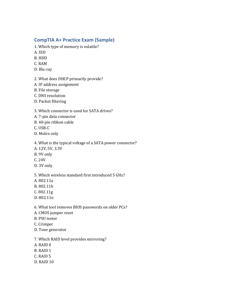 CompTIA A+ Practice Exam Sample | IT Certification Questions