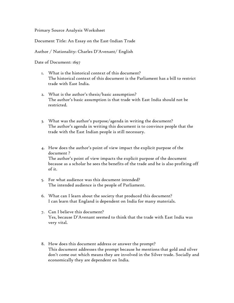 Primary Source Analysis: An Essay on East-Indian Trade (1697)