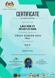 Certificate of Participation: Lau Xin Ci in TWIST KENKEN 2023 Final