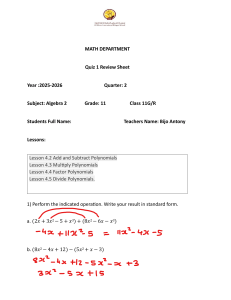Algebra 2 Polynomials Quiz 1 Review Sheet - Grade 11 Math