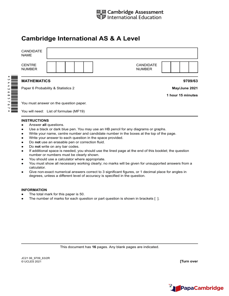 AS & A Level Mathematics: Probability & Statistics 2 Exam