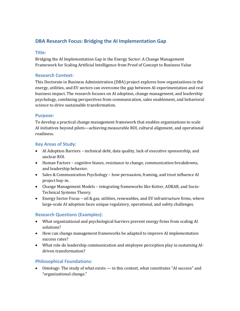 Bridging AI Implementation Gap in Energy: DBA Change Management Framework