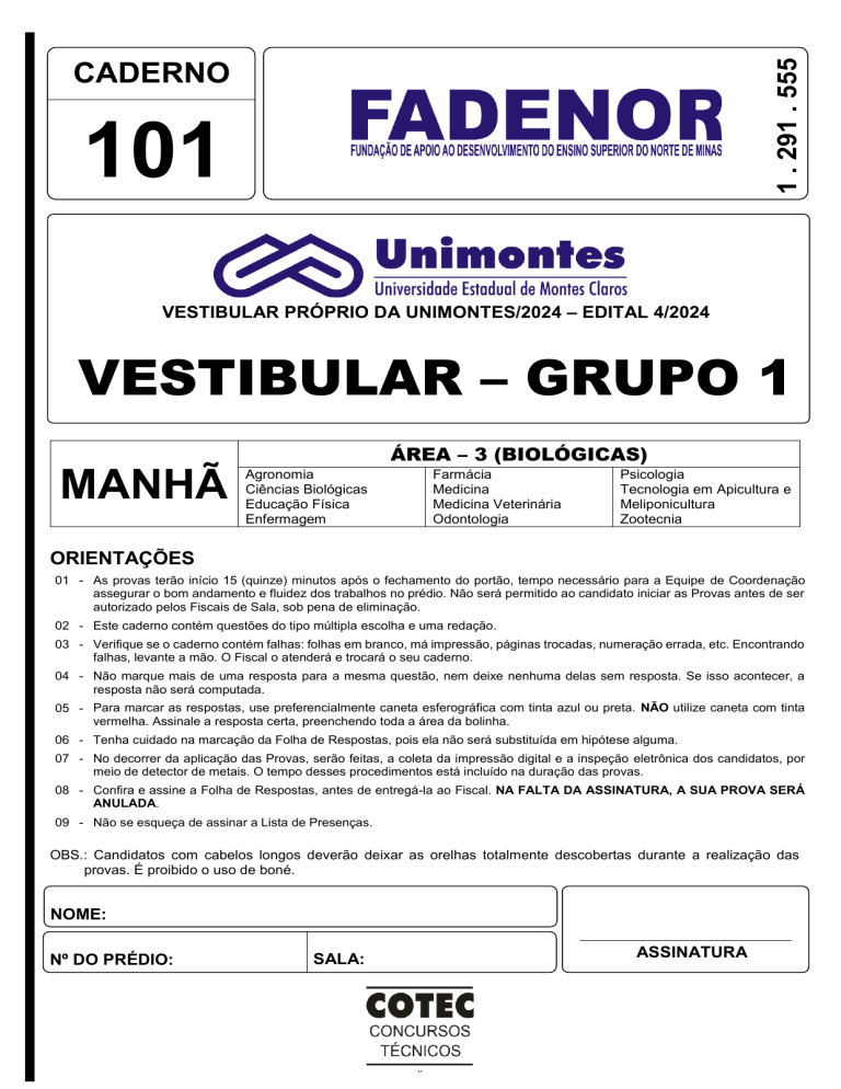Prova Vestibular Unimontes - Ciências Biológicas