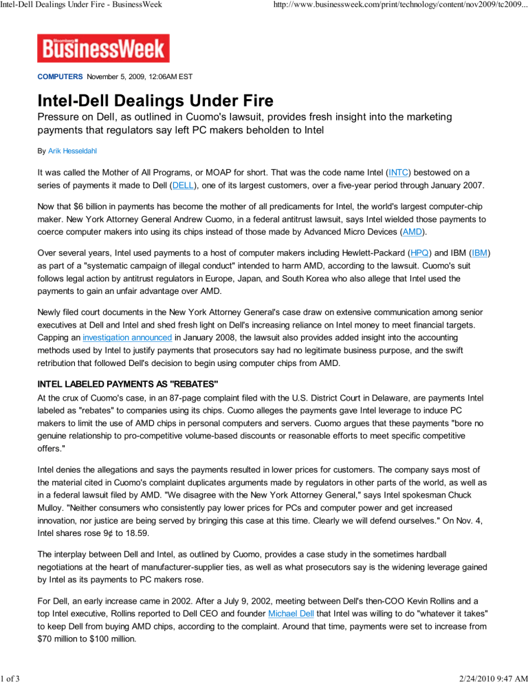 Intel-Dell Antitrust Lawsuit: Payments Under Fire - BusinessWeek Report