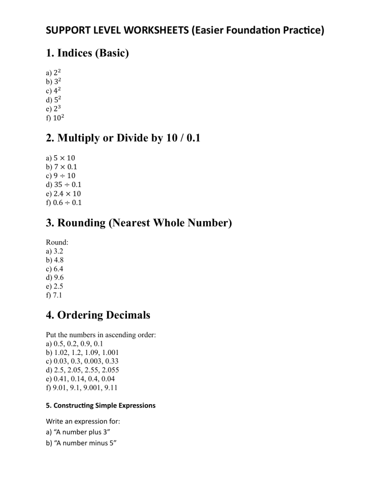 Support Level Math Worksheets: Foundation Practice Exercises
