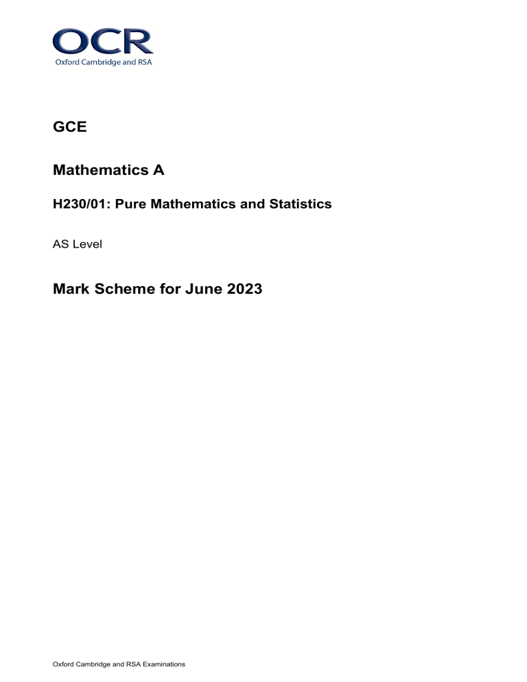 AS Level Maths Mark Scheme: June 2023