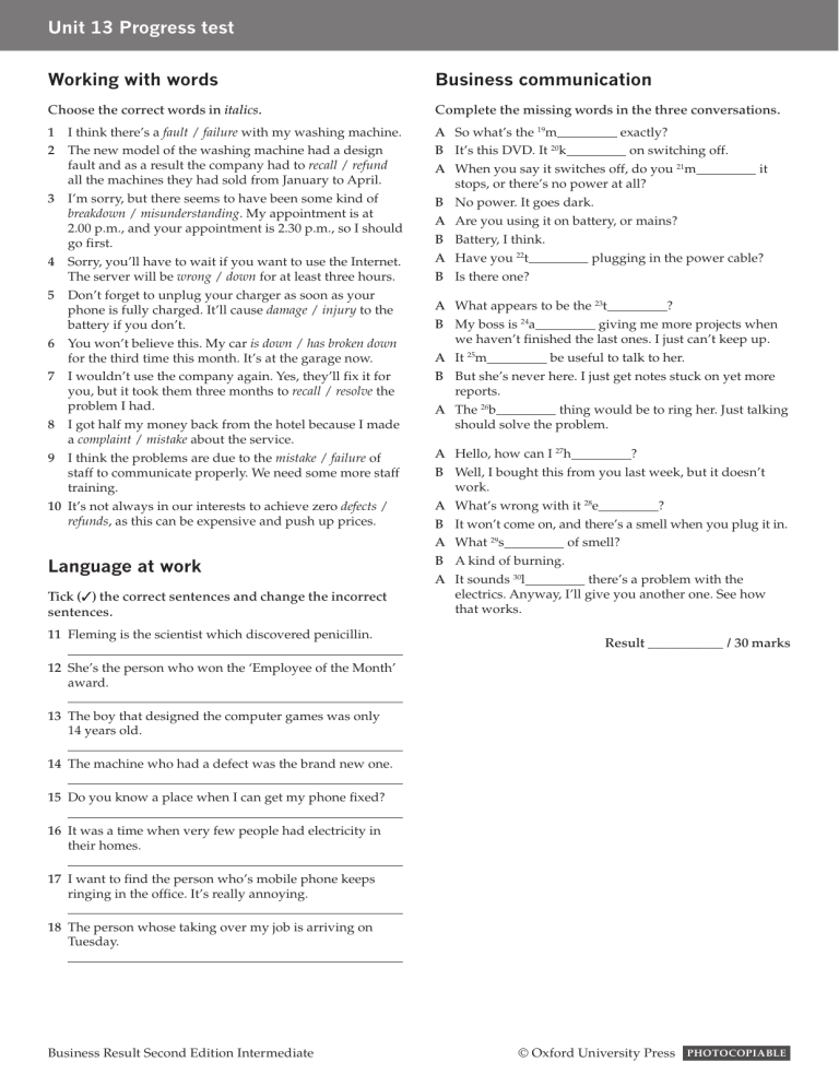 Business English Progress Test: Unit 13 Intermediate