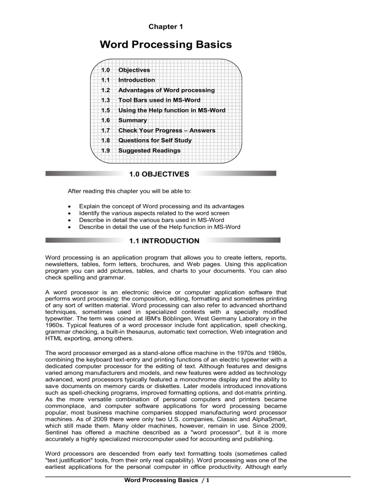 Word Processing Basics: MS-Word Features & Advantages | Chapter 1