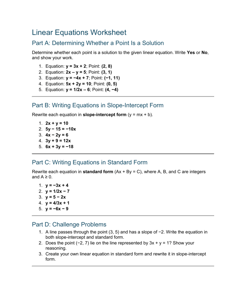 Linear Equations Worksheet: Slope, Intercept, Standard Form