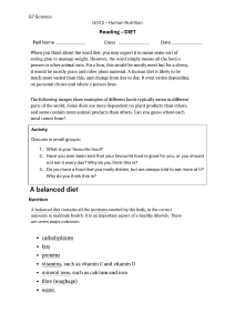 G7 Science: Human Nutrition - Diet Worksheet
