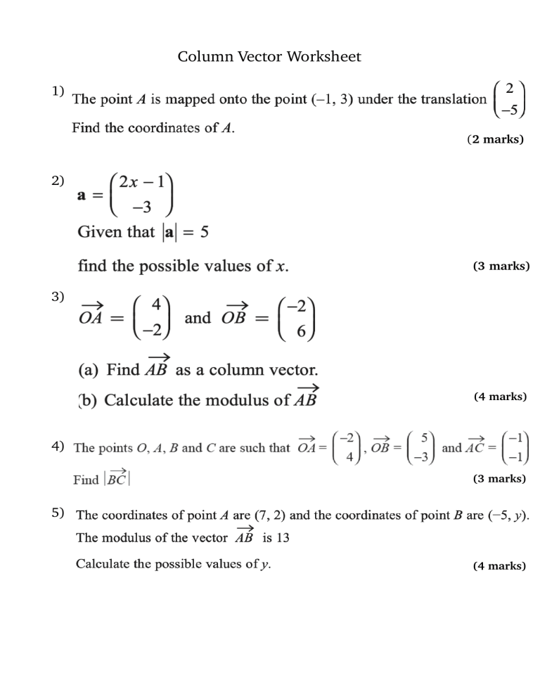 Column Vector Worksheet | Math Practice Problems & Solutions
