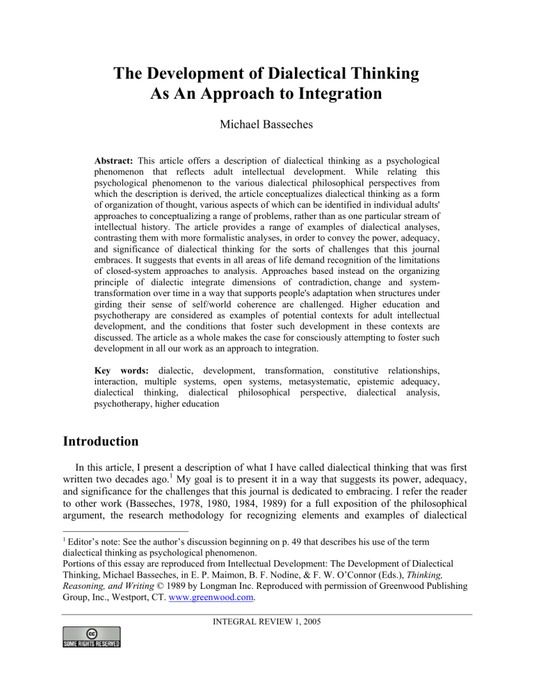 Dialectical Thinking: Development and Integration Approach
