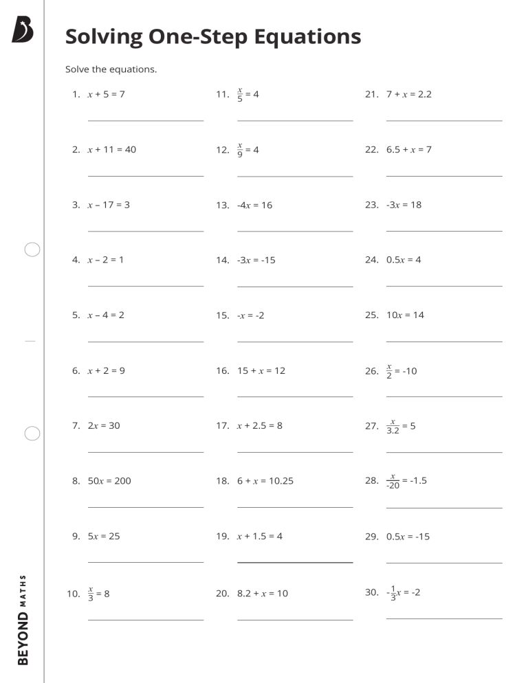 Solving One-Step Equations Math Worksheet | Algebra Practice Problems