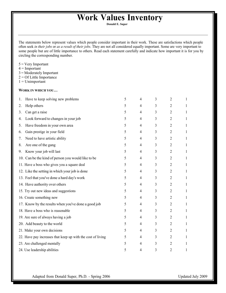 Work Values Inventory by Donald Super: Self-Scoring Assessment
