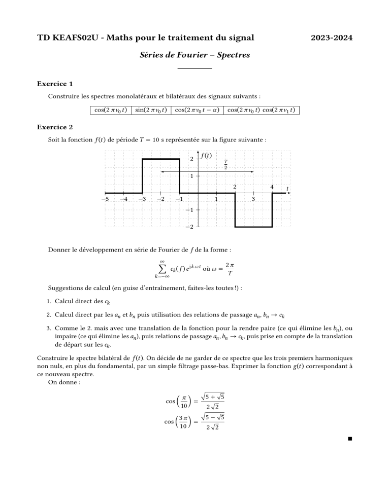 Exercices de Séries de Fourier et Spectres pour le Traitement du Signal
