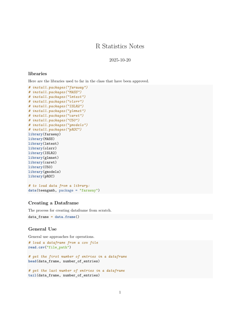 R Statistics Notes: Libraries, Dataframes, Models, & Regression Techniques