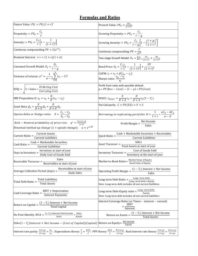 Financial Formulas and Ratios Reference Sheet | Valuation & Investment