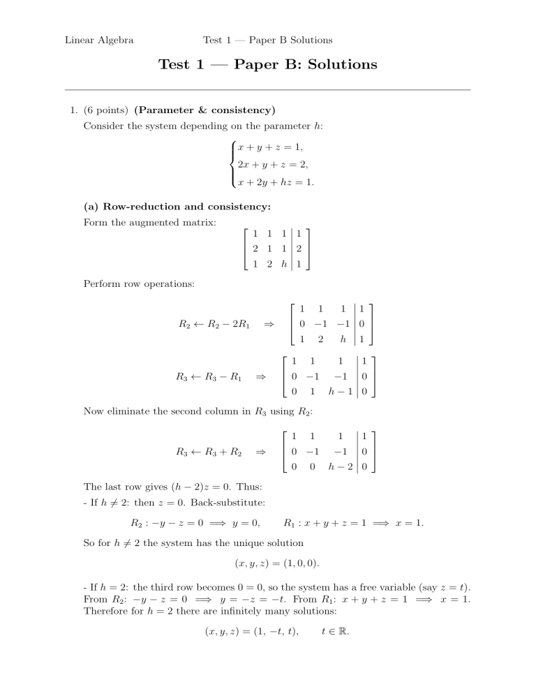 Linear Algebra Test 1 Paper B Solutions: Parameter, Inverse, Span