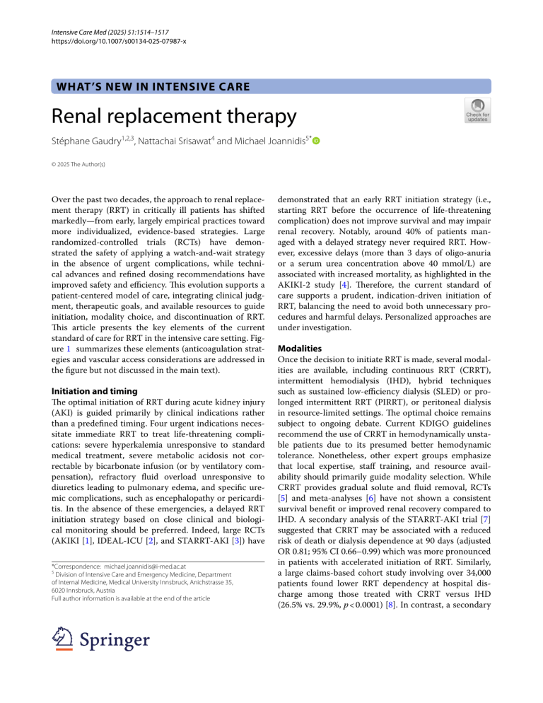 Renal Replacement Therapy in ICU: Current Standards & Future Directions