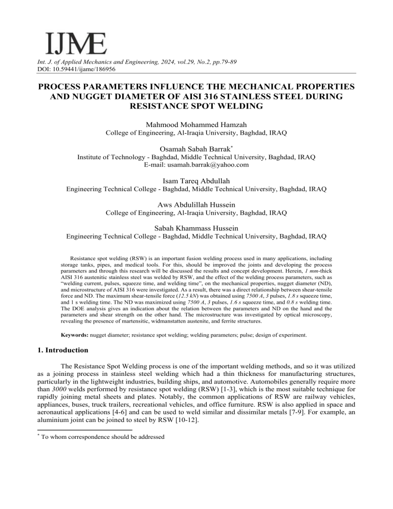Process Parameters Influence Mechanical Properties & Nugget Diameter of ...