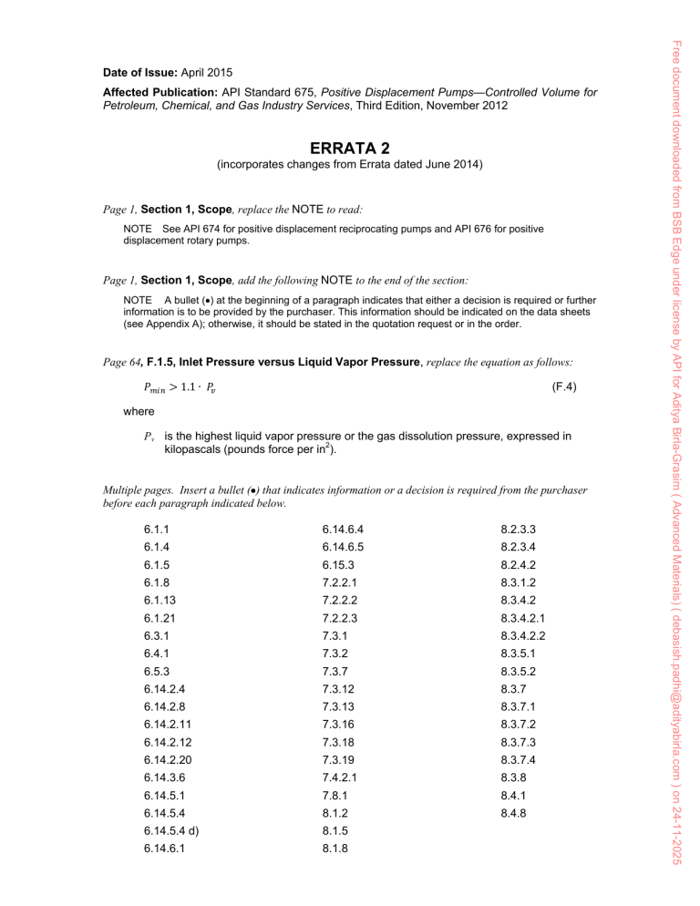 API 675 Errata: Positive Displacement Pumps - Corrections