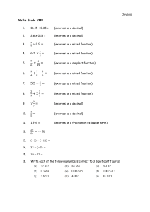 Maths Grade VIII Worksheet: Decimals, Fractions, Percentages, Integers