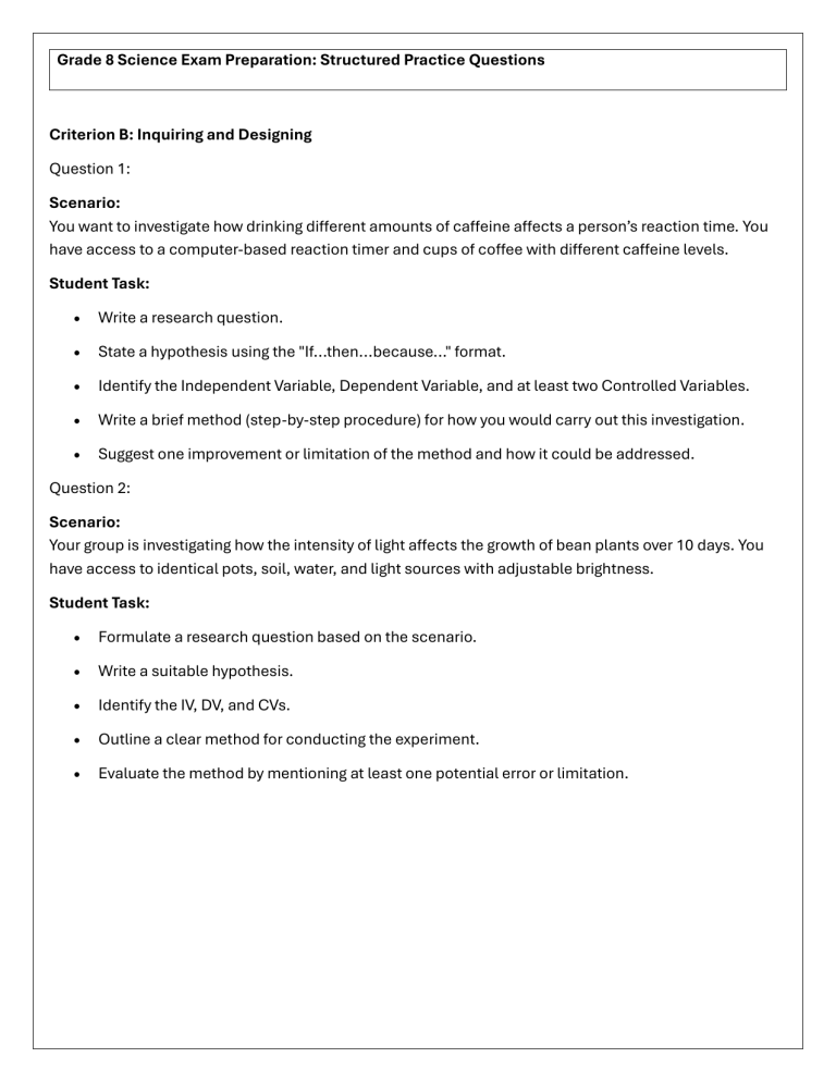 Grade 8 Science Exam Prep: Inquiry, Design, Processing & Evaluation
