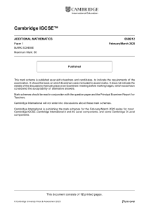 Cambridge IGCSE Additional Mathematics 0606/12 Paper 1 Mark Scheme 2025