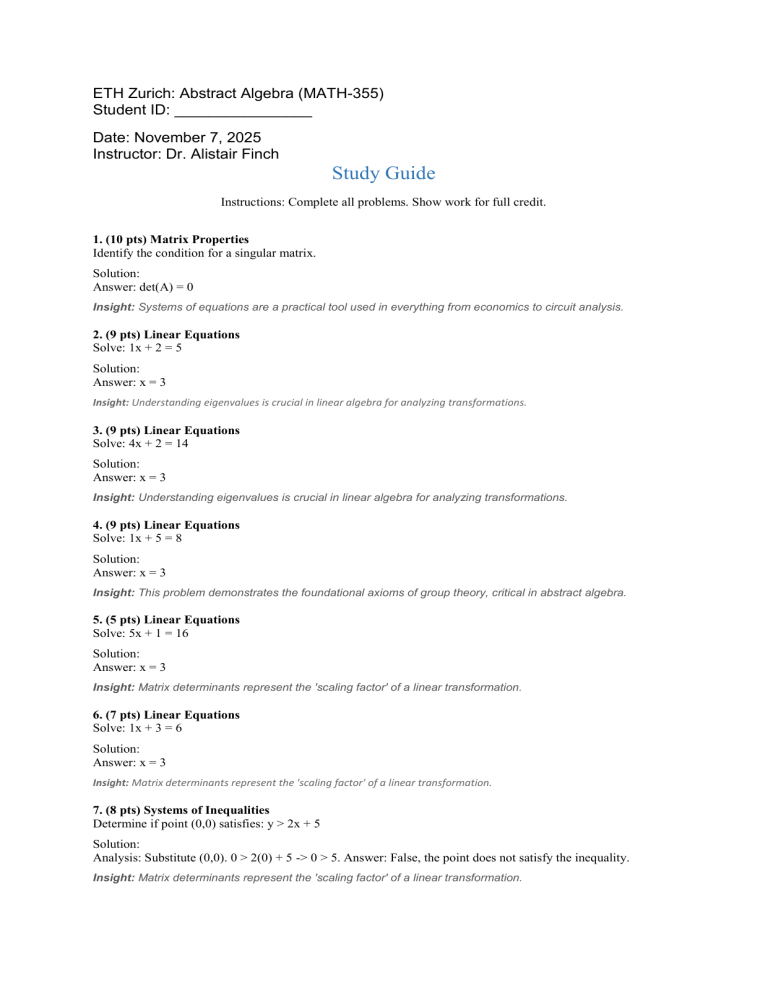 ETH Zurich Abstract Algebra Study Guide | MATH-355 Problems
