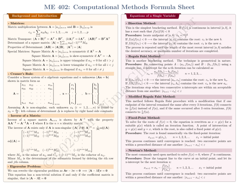 Computational Methods Formula Sheet - Engineering