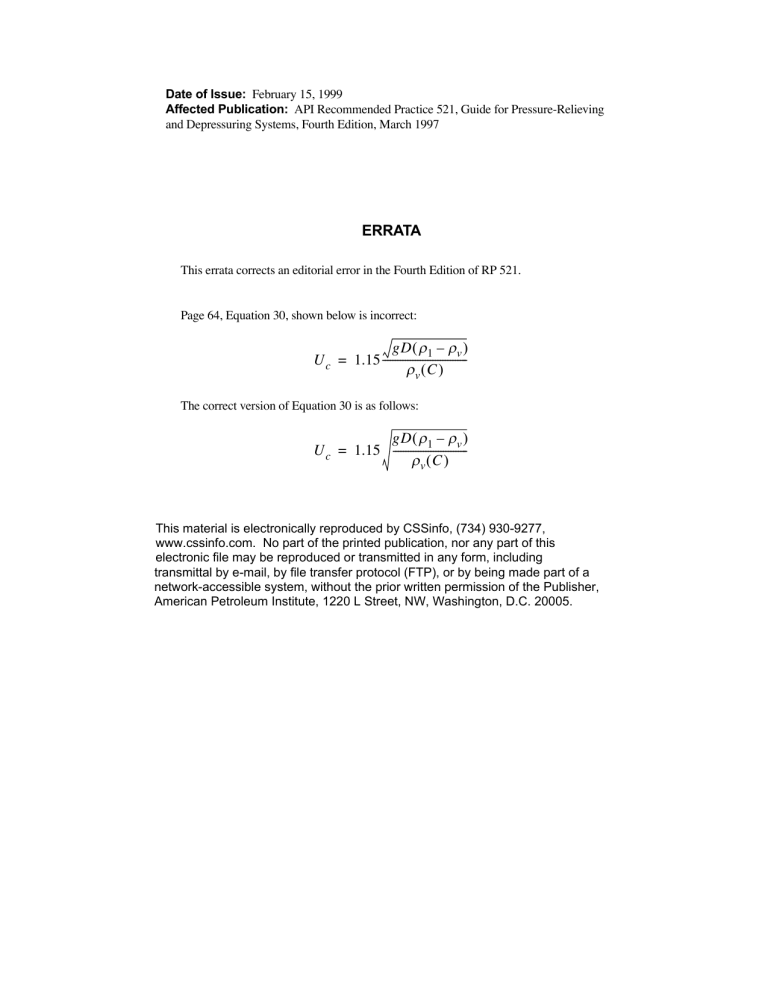 API RP 521 Errata: Pressure-Relieving Systems Equation 30 Correction