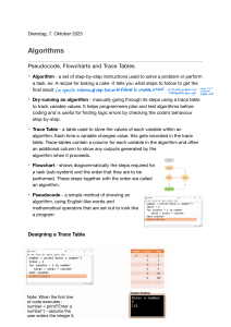 Algorithms: Pseudocode, Flowcharts, Trace Tables