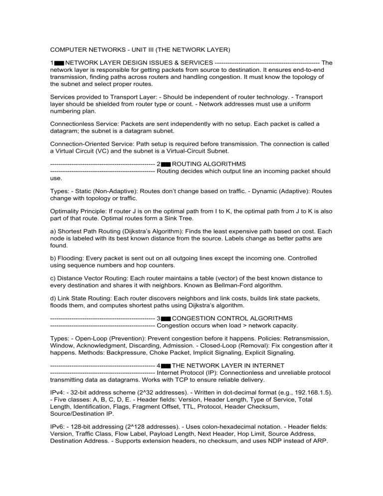 Computer Networks Network Layer Design Routing Congestion Ip Ipv4