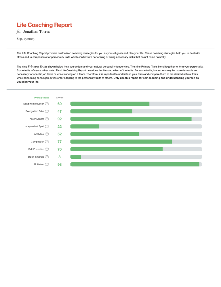 Life Coaching Report: Personality Traits & Self-Improvement