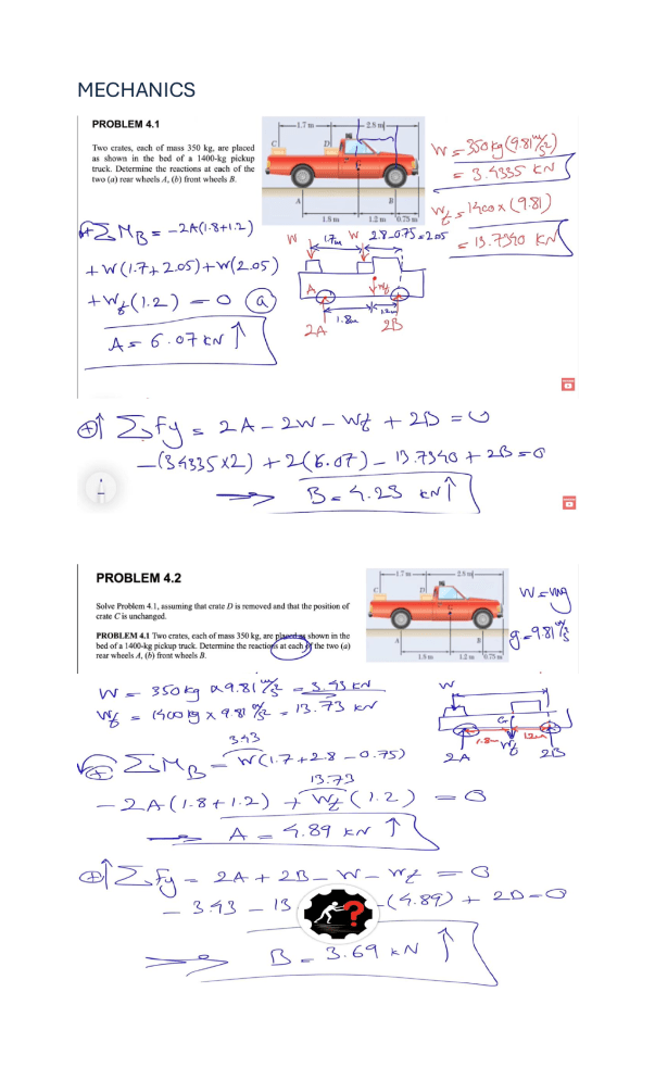 Mechanics Problems: Truck Reactions & Static Equilibrium Solutions