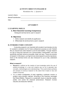 English 10 Research Activity Sheet: Technical Terms & Importance