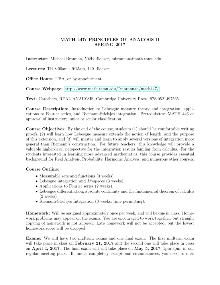 MATH 447 Principles of Analysis II Syllabus - Spring 2017, Texas A&M