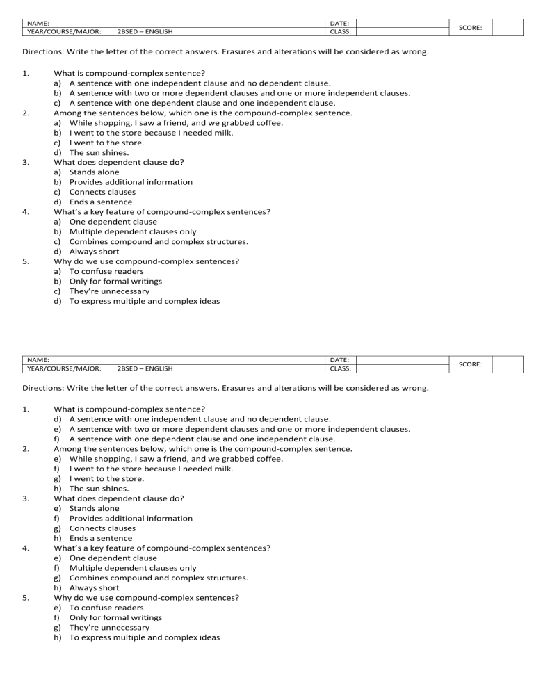 Compound-Complex Sentence Grammar Quiz | English Language Assessment